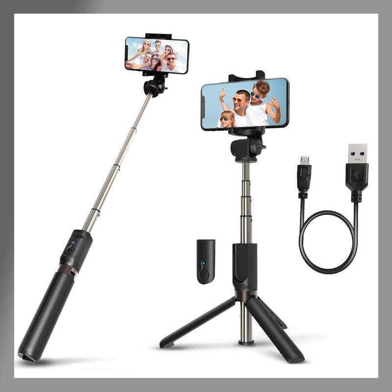 Pokanic Selfie Stick Tripod with Wireless Remote Controller Pouch Extendable Adjustable Stand Mount Light-Weight V-Log Compatible with All Apple iPhone, Samsung Galaxy (Black) - Image 1